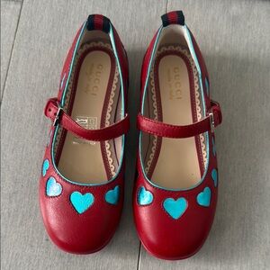 Gucci Kids Leather Red Shoes With Blue Hearts